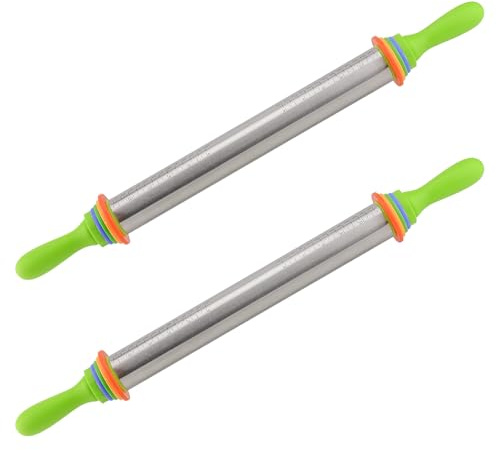 NAMYEUT 2 Stück Edelstahl Nudelholz mit Abstandshalter, 35cm Einstellbares Teigroller mit Griff für Teigdicken, Teigrolle Teigausroller Rolling Pin für Pizza, Fondant, Kuchen, Kekse