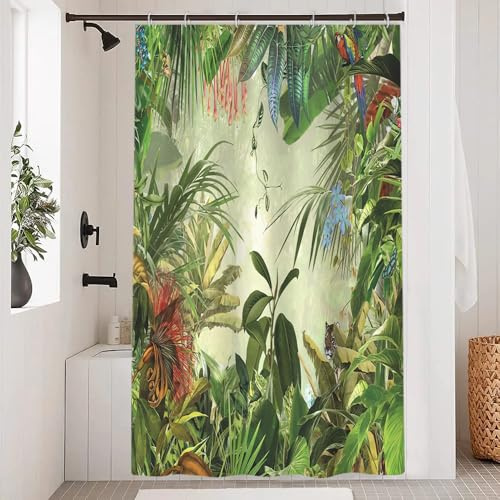 Uiiooazy Duschvorhang 120x200cm, Duschvorhang Anti Schimmel Tropisch Grüne Blätter Jungle Wald Boho Style Duschvorhänge Stoff Waschbar Wasserdicht Polyester Bad Vorhang mit 8 Haken für Badezimmer