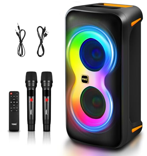 YMG Karaoke Machine 2 Wireless Microphones Portable Party Speaker | 300W Peak, Super Deep Bass, Fast Charging, PA System, LED Lights, Blue Tooth Large Subwoofer for Home Outdoor Party