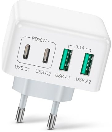 USB C Ladegerät, 1-Pack 40W 4-Port Mehrfach Ladegerät USB-A und USB-C Netzteil, Schnellladegerät PD 3.0 Compatible Avec iPhone 16/15/14/13 Pro Max, Galaxy S24,S23,S22,Note 10, LG