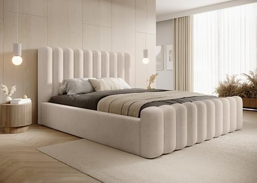 DomiMeble DomoHome- Modernes Polsterbett Mona VII – Elegantes Bett Mit Stauraum Modernem Kopfteil Und Hochwertigem Stoff-Abriamo Für Ihr Schlafzimmer 200x200 cm, Farbe: Beige