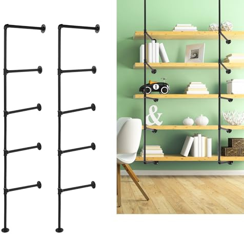 Diegimr 2pcs Wall Mount Iron Pipe Shelf, 5-Tier 66.1x11.8 Inch Industrial Wall Shelves Ceiling Hung Shelf Industrial Pipe Shelving Brackets No Plank DIY Open Bookshelf
