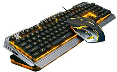 CAXUSD Clavier USB Rétroéclairé Mécanique et Souris Gamer LED Stylé avec Touches Flottantes et Panneau Métal