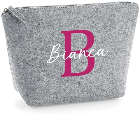 Personalisierte Kosmetiktasche mit Name und Initialen | Schminktasche aus Filz | Geburtstagsgeschenk für Frauen (Grau, Gross)