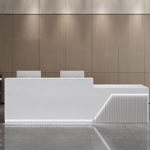 GUQASDV Empfangstheke Tresen Rezeption, Empfangstresen für Praxis, Reception Desk Modern, Rezeptionstheke Holzwerkstoff mit LED-Lichtleisten für Lobby, Salon(White+Light Gray,120cm)