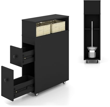 LIFEZEAL Mobiler Nischenschrank, Multifunktionaler Aufbewahrungsschrank Toilettenschrank mit Schubladen & Rattankörben, Seitenschrank Badschrank mit Platzierung für Toilettenbürste (Schwarz) | Multifunktionaler Beistellwagen mit 4 Universalrollen für Badezimmer