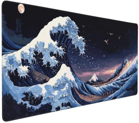 Tapis de Souris Kanagawa Fantaisie Tapis de Souris XXL 1400x600x3mm, Imperméable Tapis de Souris Gamer XXL Tapis Souris Mouse Pad, Base Atidérapante, Haute Précision et Vitesse pour Gamer, Deco Bureau