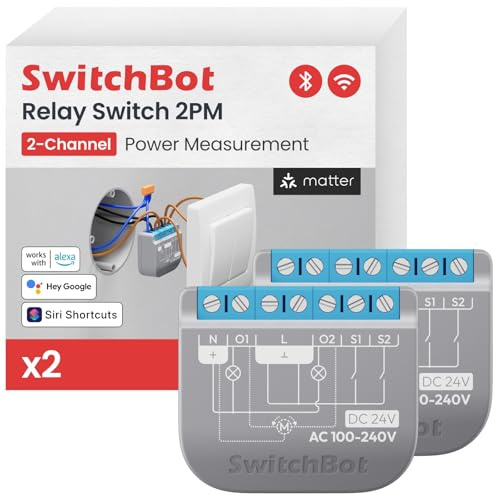 SwitchBot Matter Relais interrupteur 2PM, Module de relais interrupteur avec mesure de puissance, Interrupteur Wi-Fi&Bluetooth Fonctionnant avec Alexa/Apple Homekit/Google Home, 2.4GHz, 2Pcs
