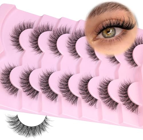 Mavphnee Natural Look Wispy D Curl False Eyelashes Cat Eye Fake Lashes Strips 7 Pairs Clear Band Fluffy False Lashes Pack