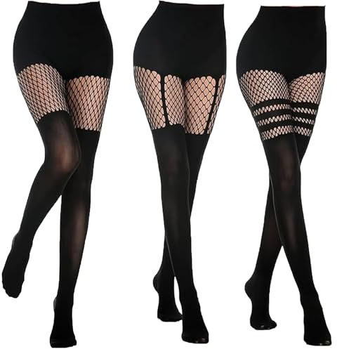 PangWuu 3 Paar Fishnet Strumpfhosen Damen, Schwarz netz leggings schwarz, Hochelastische Nylon-Netzstrumpfhose in Einheitsgröße für Partys und Alltags-Styling