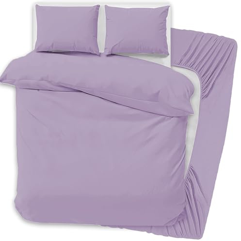 PRIME LINENS 4 Pcs Duvet Cover Set with Matching Fitted Sheet 30 cm Deep - Soft Breathable Premium Microfibre Quilt Cover Bedding Set (Lilac, Double)