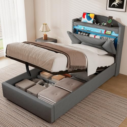 ZUUYEE Polsterbett Einzelbett 90x200 cm mit LED USB C, Hydraulische Bett Kinderbett mit Stauraum und Kopfteil, Bettgestell mit Metallrahmen Bettkasten und Lattenrost, Leinen, Grau, Ohne Matratze
