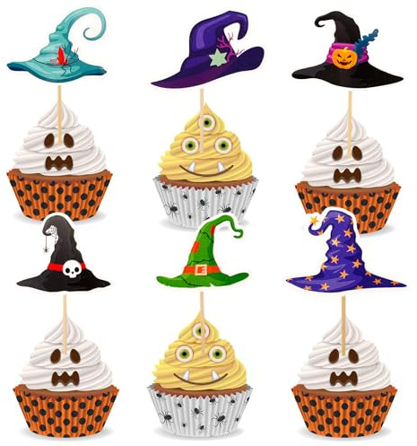 Gleevio 24 Stück Hexen Tortendeko Halloween Deko Torte 6 Stile | Halloween Cupcake Deko,Hexenhüte Muffin Dekoration,Geburtstag Tortendeko Hexen,Hexenhüte Kuchendeko Halloweenparty Dekoration