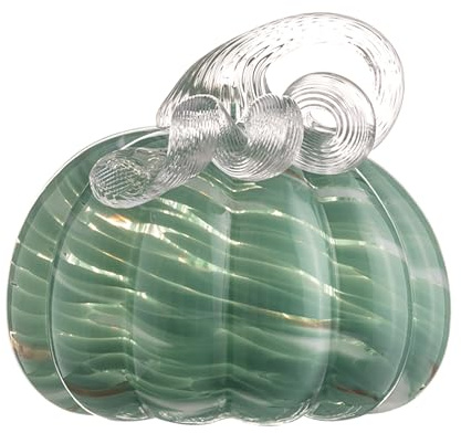 ORRFIDDY 5.1 Hand-Blown Glass Pumpkin Halloween Decor Fall Home Figurines Collectible Harvest Thanksgiving Wedding & Autumn Mantel Decorations Paperweight Tabletop Ornaments(Green)