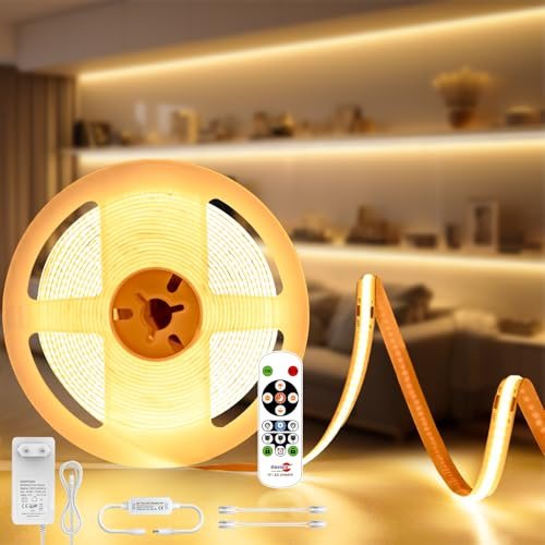 Öuesen Cob Led Streifen Warmweiss 3000K, Led Strip 5m 24V Dimmbar mit Fernbedienung und Netzteil, Lichtband Selbstklebend Wasserdicht IP44, Lichtleiste für Unterbau Küche Wohnzimmer Treppen