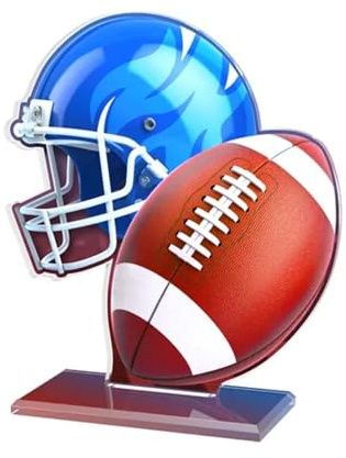 American Football Pokal 13,5 cm - Acryl Trophäe Award mit Wunschgravur | Ehrenpreis für Footballturniere mit Footballhelm & Ball Motiv in 2D Optik, hochwertiges Acryl, inklusive Gravurschild
