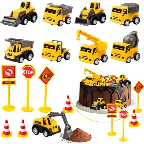 14Pcs Mini Construction Vehicles Cakes Set,Road Toy Sign Tower Crane Excavator Cake Cupcake Toppers Theme,Cake Decorations for Kids Boys Baby Shower Birthday