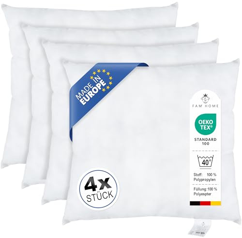 FAM Home Kissenfüllung 50x50 cm (4er Set) Sofakissen Dekokissen 400g | Ideal als Innenkissen & Füllkissen für Zierkissen: Mittelfest, hypoallergen und maschinenwaschbar. Perfekte Form für Bezüge.