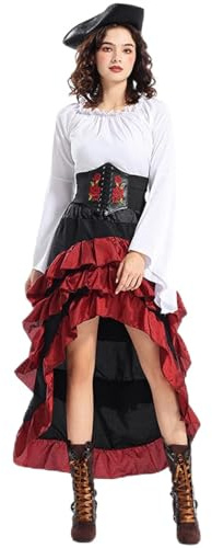 Generico Costume Pirata Donna, Set di 4 Costumi da Medievale, Abito Vestito con Top A Spalle Scoperte Senza Spalline e Corsetto Cappello per Carnevale, Cosplay