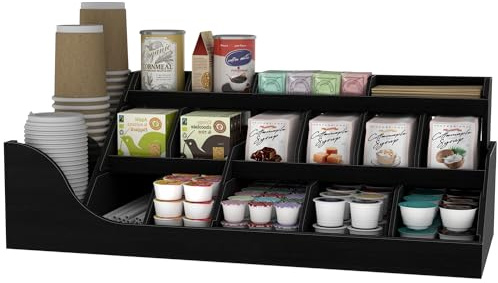 Suli organizador de estación de café grande exacta 18 compartimentos,Negro | Organizador de Madera para Cafetería para tazas de café y condimentos,Soporte de para encimera con cajón para tazas de té
