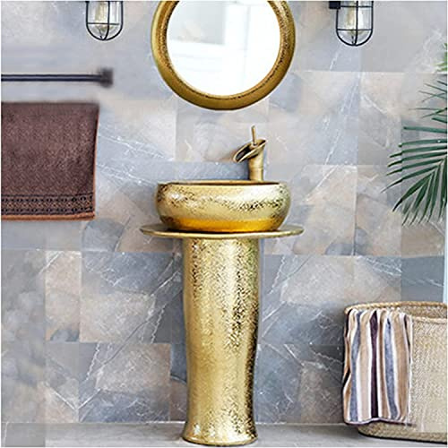 LQAIomn Freestanding Pedestal Sink Hotel Art Basin, Style Bathroom Vanity Unit Floor Standing Under Cabinet Plating Gold Lavatory with Faucet and Drain