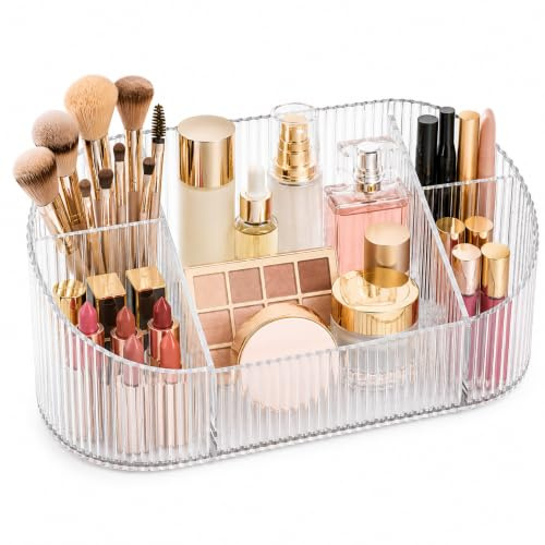 Kysren Make Up Organizer Transparent, Kosmetik Organizer mit 5 Fächern, Acryl Pinselhalter Kosmetik Aufbewahrung für Schminktisch Badezimmer, Durchsichtig