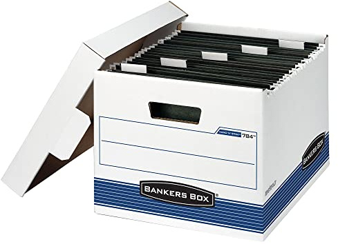 Bankers Box 4 Pack HANG'N'STOR Medium-Duty File Storage Boxes, FastFold, Lift-Off Lid, Letter, White/Blue