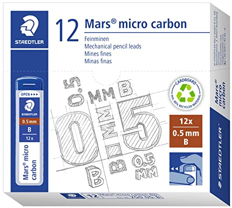 STAEDTLER 250 05-B Mars Micro Feinminen, Minendurchmesser 0.5 mm, B, 12 Stück, graphitgrau, 250 05-B VE | Bruchfeste, stabile Feinminen – weiches Schreibgefühl, in Dose – Art.-Nr. 250 05-B