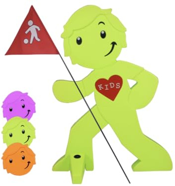 StreetBuddy - Warnfigur mit Fahne, reflektierender Warnaufsteller für Kindersicherheit - Achtung langsam Fahren - Vorsicht spielende Kinder - Schild Autofahrer Warnung (Grün)