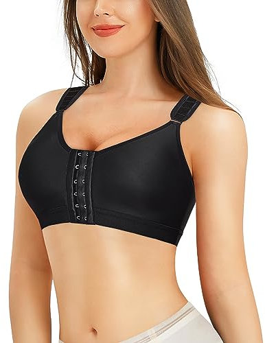 Bafully Women Post-Surgical Sports Support Bra Front Closure with Adjustable Straps Wirefree Racerback (Black, M)