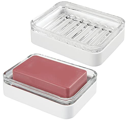 mDesign Seifenschale aus Bambus und Glas (2er Set) - Seifenschale praktisch und umweltfreundlich - Seifenschale für Bad oder Küche - transparent/weiß