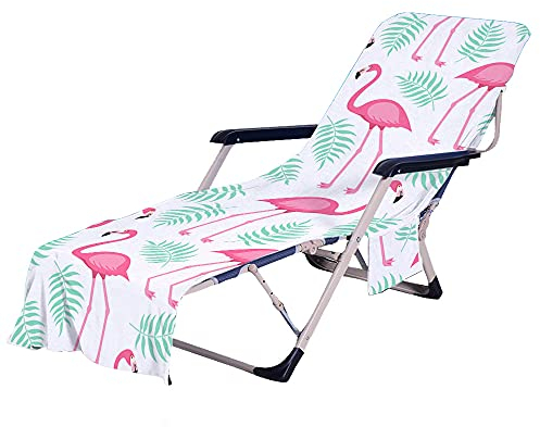 FANSU Schonbezug für Gartenliege Frottee Liegenauflage Garten Sonnenliege Handtuch mit 2 Taschen Stuhl Strandtuch für Schwimmbäder, Strände, Gartenhotels (Flamingo 1,75x210cm)