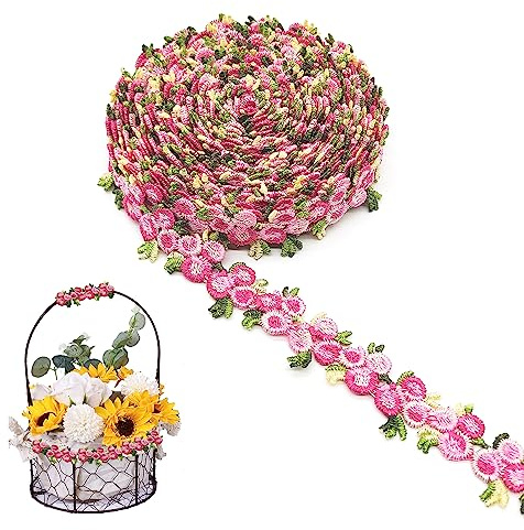XCSJ Blommigt spetsband, blomband med broderade rosor och figurformade kanter, dekorband, perfekt för sömnad, kläder, gör-det-själv, 4,6 m, rosarött