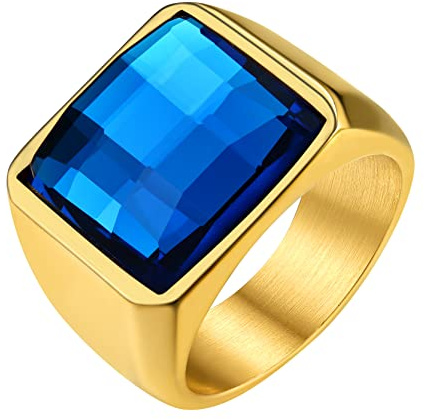 GoldChic Anillo Sello Cristal Azul Dedo Menique Anillo Grande Oro Hombre, Talla 64.6 Anillo Solido Bueno Peso
