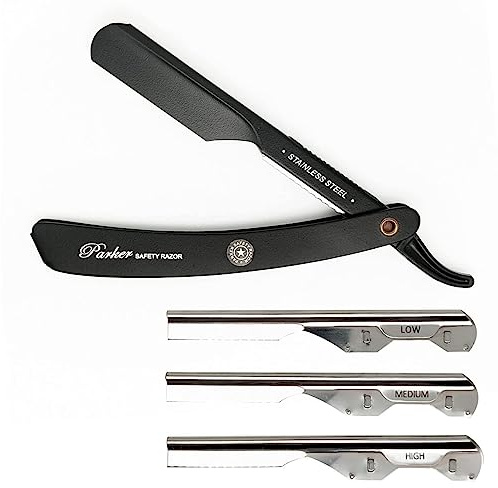 Parker PTABK Rasoir de barbier droit à manche noir réglable en acier inoxydable