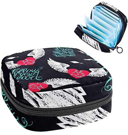 Damen-Damen-Servietten, Handtasche, Damen, Menstruationstasse, Tasche, Mädchen, tragbare Tampon-Aufbewahrungstasche, Flügel-Herz-Schriftzug, inspirierende Perioden-Tasche mit Reißverschluss