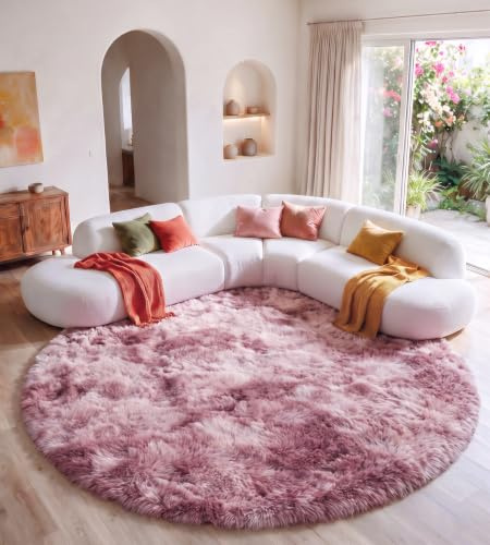MARATIP Teppich Mädchenzimmer Batik Purpur-Rosa Ø 100 cm Weich | Hochflor-Teppich, waschbar, rutschfest, kuschelig. Ideal für Schlafzimmer, Spielzimmer und Wohnbereich.