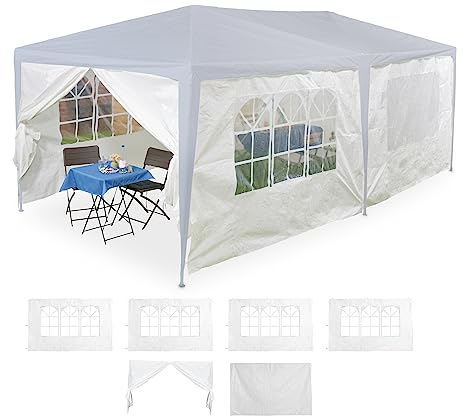 Relaxdays Tende per Gazebo Laterali, Set da 6, Telo Impermeabile in PE, Pareti Impermeabili, 2x3 m, con Finestra, Bianco