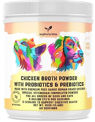 Chicken Bone Broth Probiotic & Prebiotic, For Dogs & Cats with Sensitive Digestion, Gut Health, Hip & Joint, All Ages and Breeds, High in Type II Collagen, Fibre & Essential Minerals, 60 Servings 300g