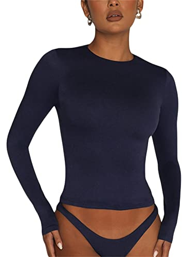 Tshirt Damen Top Rundhals Slim Fit Langarmshirt Y2K Oberteile Einfarbig Basic Crop Tops Influencer Tee Shirts Casual Teenager Streetwear(S,Tibetisch Blau)