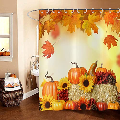 Hnmdmyi Duschvorhang Herbst 180x180, Orange Kürbis Ahornblatt Gelb Sonnenblume Ernte Pflanze Natur Szenerie Herbst Badewanne Vorhang Wasserdicht Polyester Stoff Waschbar Badevorhang mit Haken