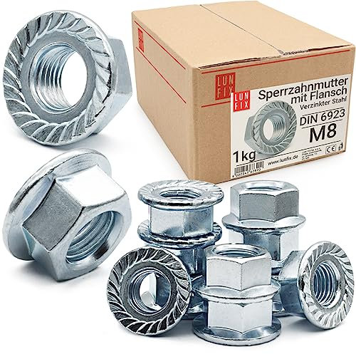 Dado Esagonale con Flangia Zigrinata M8 DIN 6923, 1 Kg (ca. 150 pezzi), Acciaio Zincato, Dado Filettato per Viti, Barre Filettate e Bulloni Metrici, Uso Professionale e Fai da Te, Lun Fix