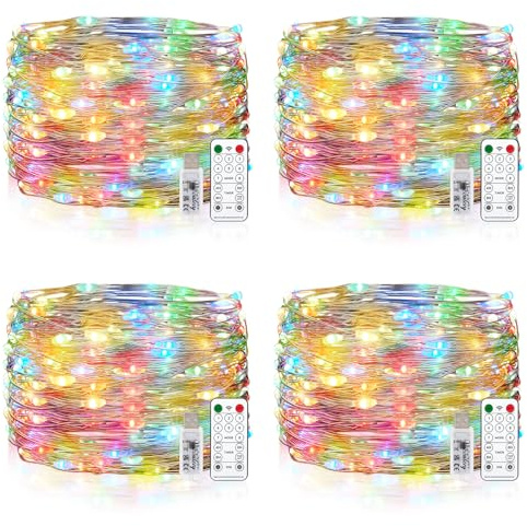 Vacoulery Wasserdicht Draht Lichterkette, 4 x 10M 100 LED USB Weihnachten Außenlichterkette Micro Lichterkette Außen und Innen mit Fernbedienung 8 Programm und Timer für Schlafzimmer, Party, Hochzeit