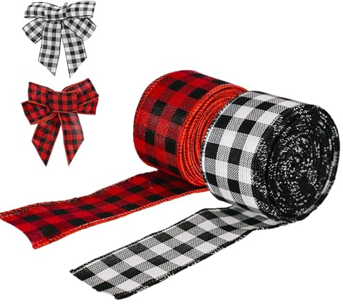 2 Rollen schwarz und rot kariertes Juteband mit Drahtrand, Weihnachtsband, Geschenkband für Blumenschleifen, Basteln, Dekoration, Weihnachtsdekoration, DIY-Geschenkverpackungen