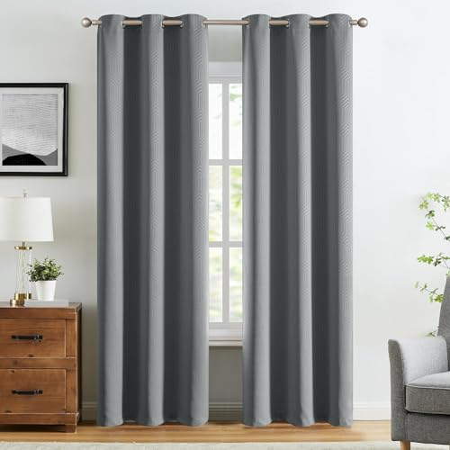 TOPICK Thermovorhang mit ösen, 2er Set 225H x 140B cm Verdunkelungsvorhänge Geometrisch Gemustert Vorhänge Blickdicht für Schlafzimmer Wohnzimmer, Blackout Gardinen Fenstervorhänge Grau