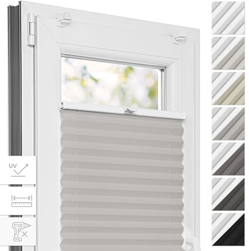 Estika Thermo Plissee ohne Bohren - 125 x 120 cm - Farbe: Hellgrau - Fensterrollos für innen, Plissee Verdunklung, Plissee Blickdicht, Rollos für Fenster ohne Bohren