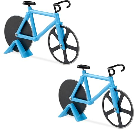 Relaxdays 2 Bicis Cortapizzas, Cortador de Pizza Bicicleta, Cuchilla Masa Acero Inoxidable, 11,5 x 18 x 3 cm, Azul/Negro
