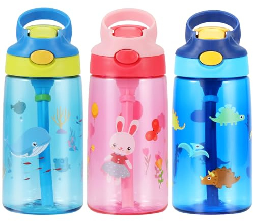 Trinkflasche Kinder, 480ml Kindertrinkflasche mit Strohhalm, BPA-freie Kinder-Wasserflaschen, Sportwasserflasche mit Auslaufsicherem Flip-Top-Deckel für Mädchen und Jungen BPA-frei(Pink Rabbit)