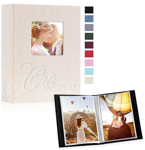 Lanpn Fotoalbum 10x15 100 Fotos 2 Packungen, OUR MEMORIES Mini Klein Leinen fensterdesign Einstecken Einsteckalbum für Vertikal Fotos Bilder (Beige)