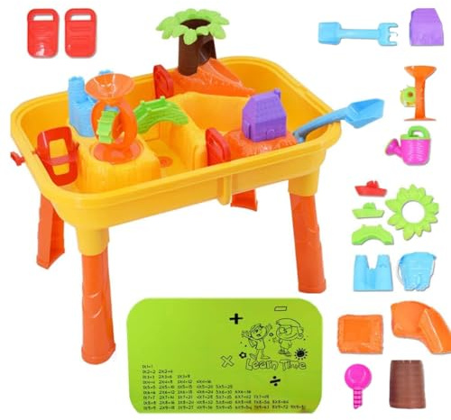 Delex Sand and Water Table for Toddlers with Lid, Double Compartment and Accessories for Childrens Yellow/Orange